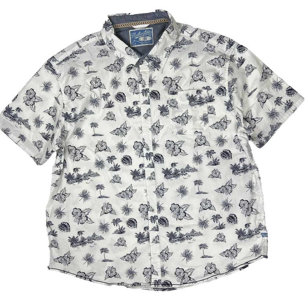 Huntington Beach Club Mens White Navy Hawaiian Print Short Sleeve Size 4XL